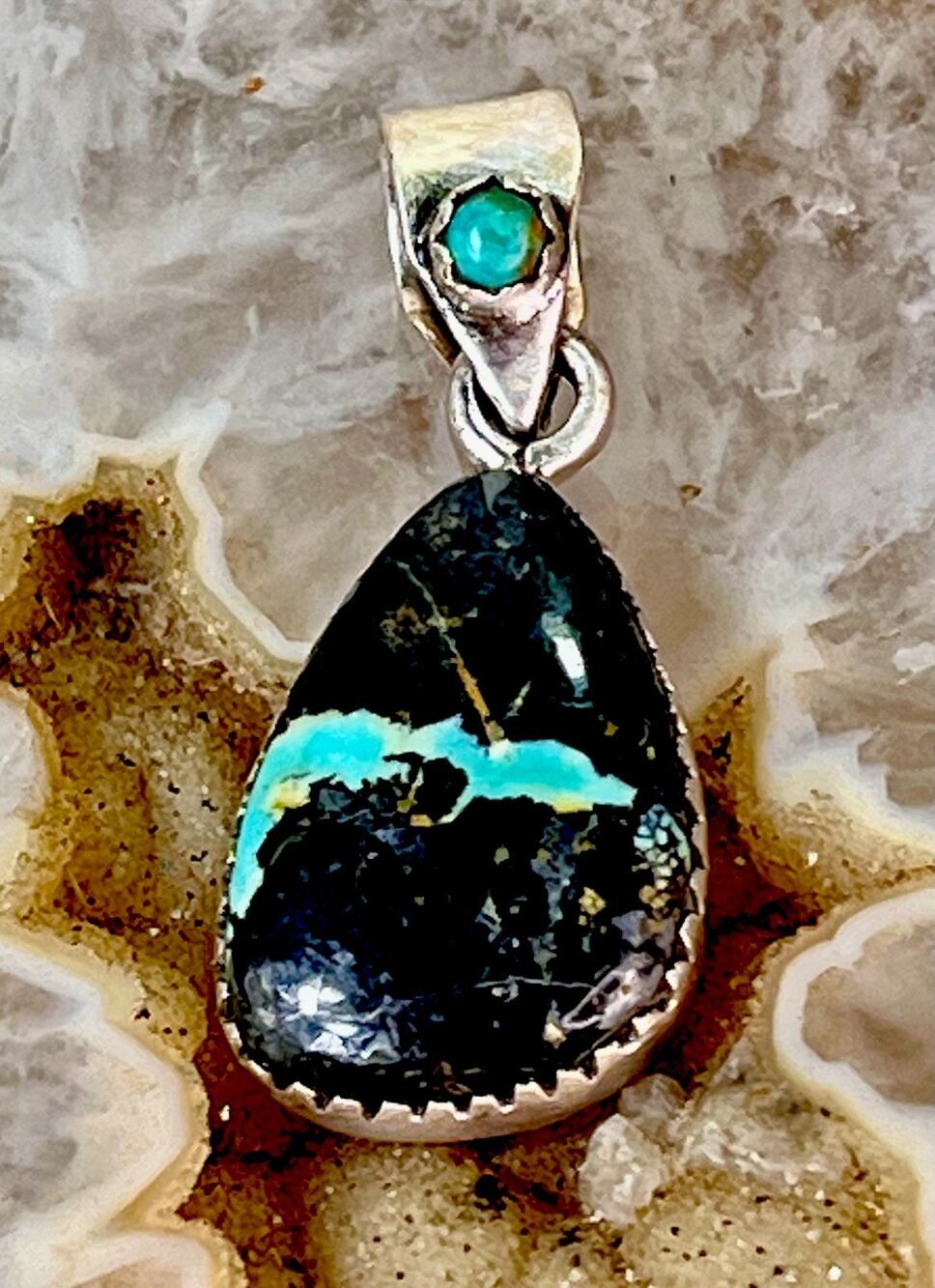 Southwestern Black Jack Mojave Turquoise Sterling Silver Statement Pendant 5.5g